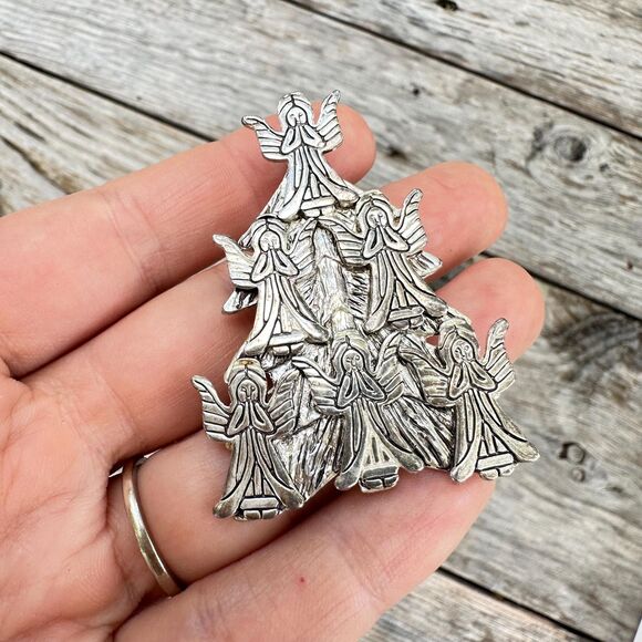 Vintage Praying Angel Tree Angel Christmas Tree Brooch Pendant Silver Angel - Picture 1 of 3